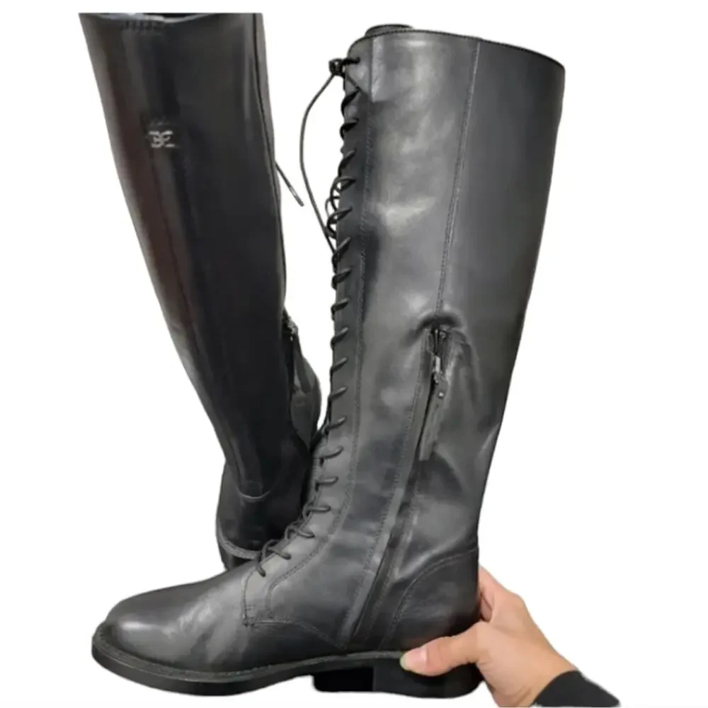 Sam‎ Edelman Black Leather Nance Knee-High Lace-Up Boots Size 6.5